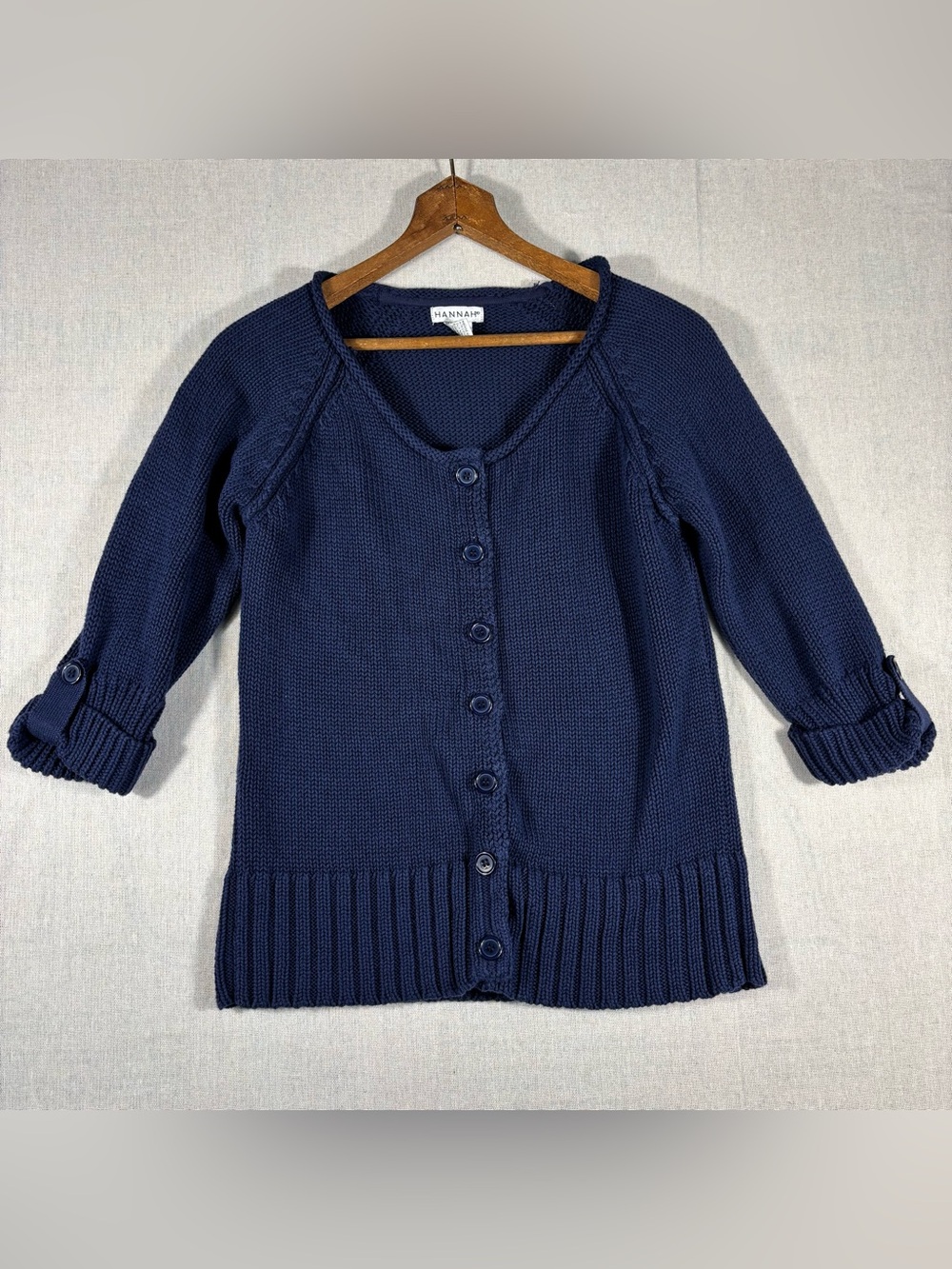 Hannah Navy Button-Front Women's Medium Knit Sweater Roll Tab Sleeves